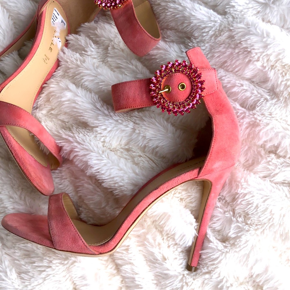 DEIMILLE pink suede heels with rhinestone buckle
